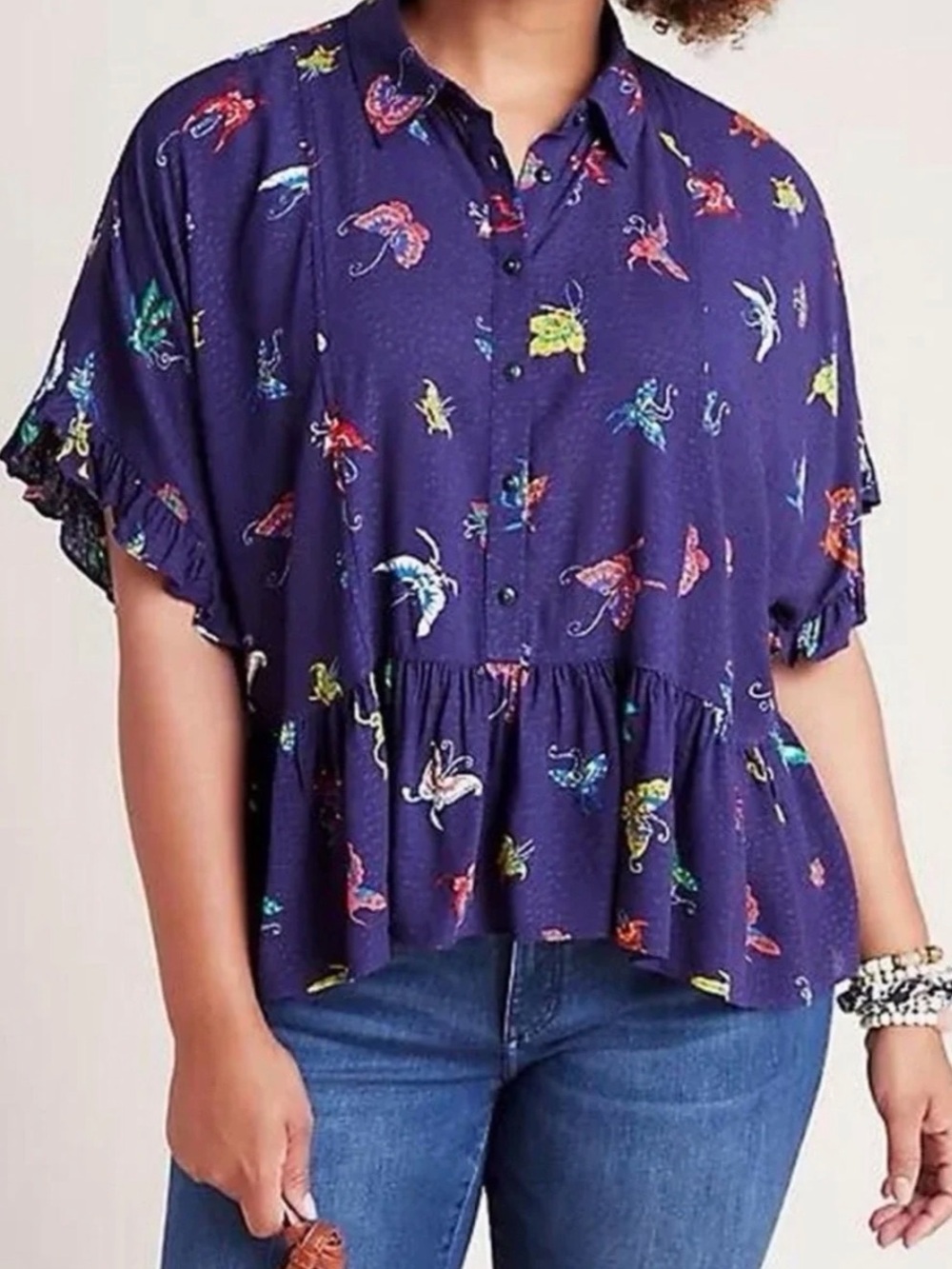 Anthropologie Maeve Navy Multicolor Butterfly Button-Down Peplum Top